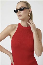 Kadın Taşlı Fitilli Halter Yaka Crop Bluz