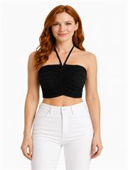 Kadın Siyah Straplez Crop Fit T-Shirt
