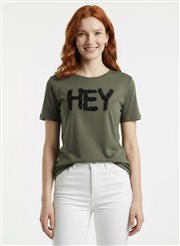 Kadın Pamuk Hey Yazılı Yuvarlak Yaka T-Shirt