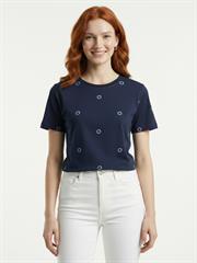 Kadın Lacivert Baskılı Yuvarlak Yaka Kısa Kollu T-Shirt