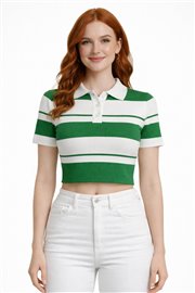 Çizgili Polo Yaka Düğmeli Triko Crop Bluz
