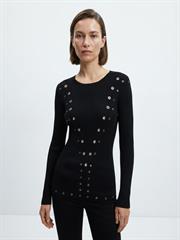 Kadın Siyah Uzun Kollu Metal Halkalı Slim Fit Triko Kazak