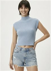 Kadın Yarım Balıkçı Yaka Fitilli Triko Kolsuz Crop Bluz