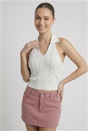 Kadın Polo Yaka Sırt Dekolteli Crop Bluz