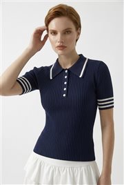 Kadın Polo Yaka Düğmeli Kısa Kollu Triko Bluz
