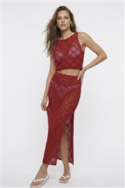 Dantel Görünümlü Ajurlu Beachwear Crop Top ve Yırtmaçlı Uzun Etek Triko Takım