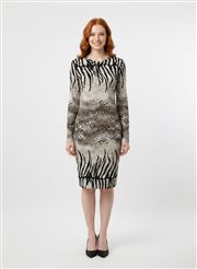 Kadın Zebra Desenli Viskoz Uzun Kollu Slim Fit Elbise
