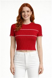 Dikdörtgen Desenli Marul Kenar Crop Triko Bluz