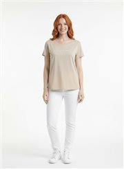 Bej Kadın Basic T-Shirt Yuvarlak Yaka Kısa Kol