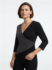 Kadın Siyah Gri Kruvaze V Yaka Slim Fit Uzun Kol Bluz