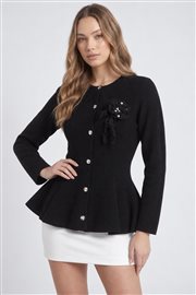 Kadın Çiçek Aksesuarlı Metal Düğmeli Fırfır Etek Triko Hırka