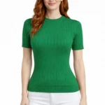 Bisiklet Yaka Fitilli Kısa Kol Triko Bluz - Yeşil