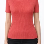 Mercan Kısa Kollu Fitilli Triko Bluz