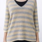 Bej Gri Çizgili V Yaka Asimetrik Kesim Triko Bluz