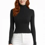 Çizgili Uzun Kollu Yarım Boğazlı Fitilli Kazak - Siyah