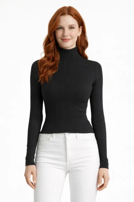 Çizgili Uzun Kollu Yarım Boğazlı Fitilli Kazak - Siyah