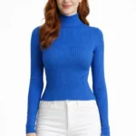 Çizgili Uzun Kollu Yarım Boğazlı Fitilli Kazak - Saks Mavi