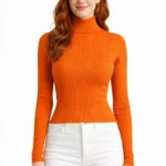 Çizgili Uzun Kollu Yarım Boğazlı Fitilli Kazak - Turuncu