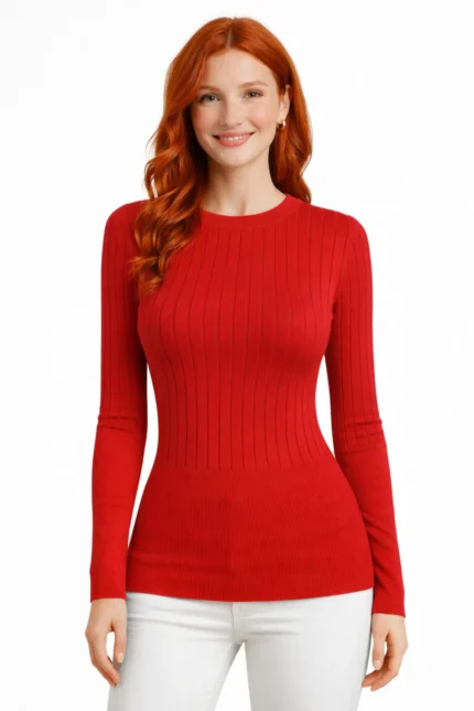 Bisiklet Yaka Fitilli Triko Kazak - Kırmızı