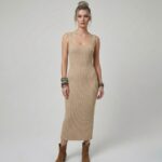 Premium Fit Kare Yaka Fitilli Triko Midi Elbise