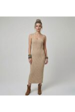 Premium Fit Kare Yaka Fitilli Triko Midi Elbise