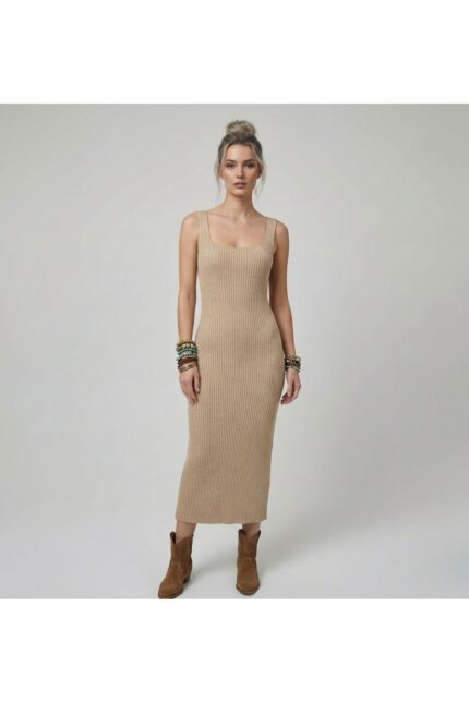 Premium Fit Kare Yaka Fitilli Triko Midi Elbise - S/M, Ten Rengi