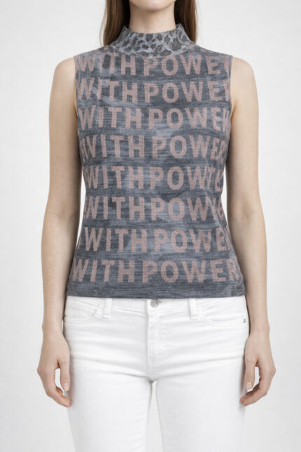 Gri Pudra "With Power" Yazılı Boğazlı Süveter