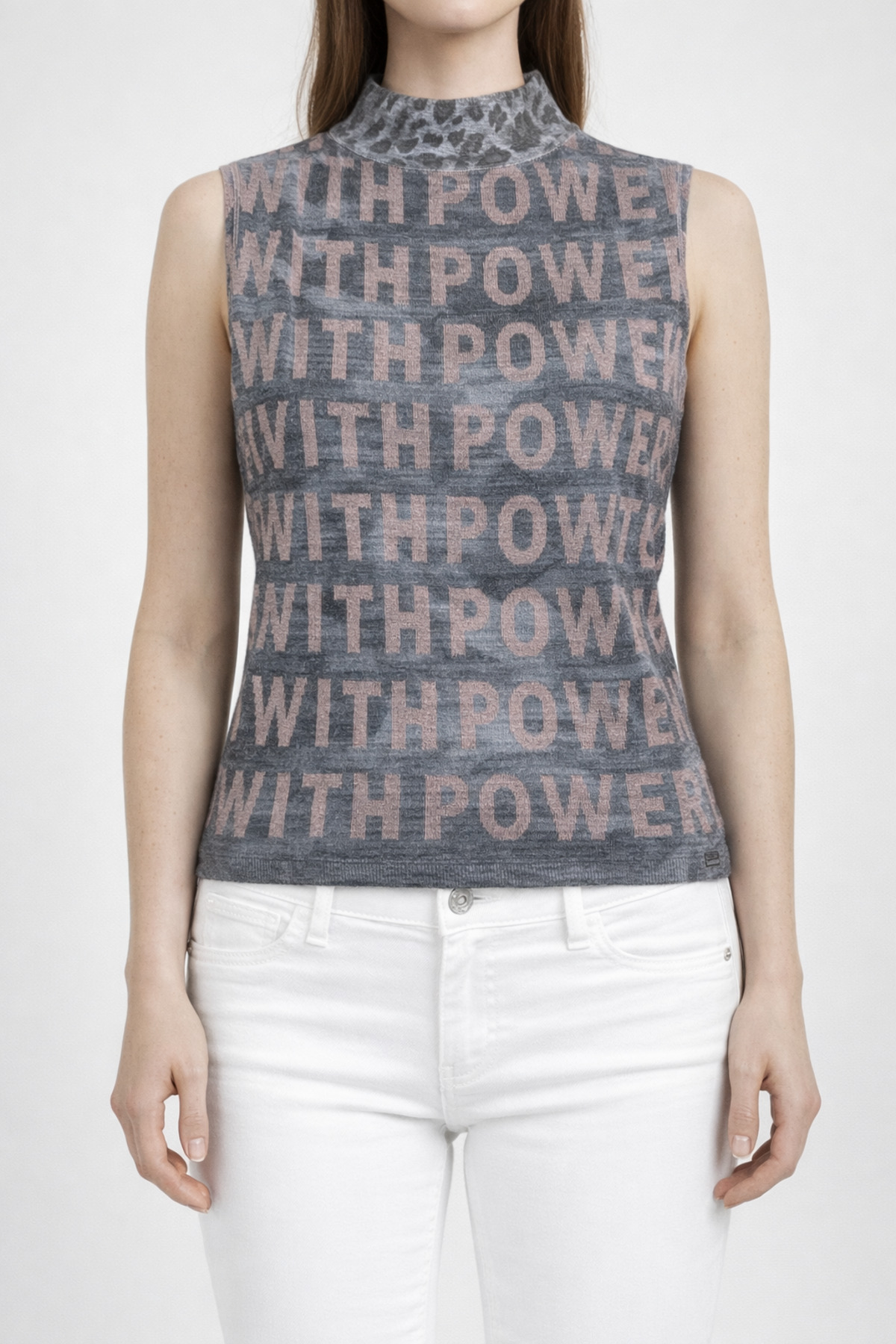 0af3e5d1851d46c3b84945f7d388665d-4.jpg Gri Pudra "With Power" Yazılı Boğazlı Süveter - Görsel 1