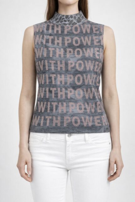 Gri Pudra "With Power" Yazılı Boğazlı Süveter - Standart, Gri