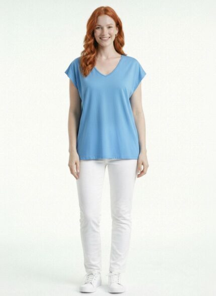 Kadın V Yaka Relaxed T-Shirt - 44, Mavi