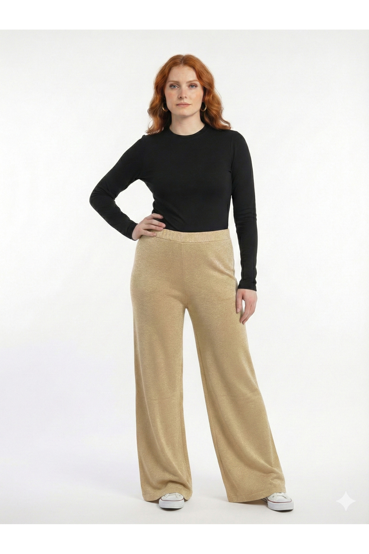 0b375d6fdb5f4da68cd9bd66f28d7b54-4.jpg Kadın Simli İpsiz İnce Fitilli Bol Paça Örme Pantolon - Görsel 1