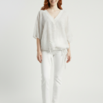 Kadın V Yaka Desenli Loose Fit İnce Bluz