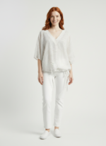 Kadın V Yaka Desenli Loose Fit İnce Bluz