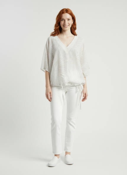 Kadın V Yaka Desenli Loose Fit İnce Bluz