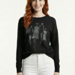 Kadın Siyah Baskılı Bisiklet Yaka Sweatshirt
