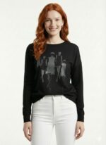 Kadın Siyah Baskılı Bisiklet Yaka Sweatshirt