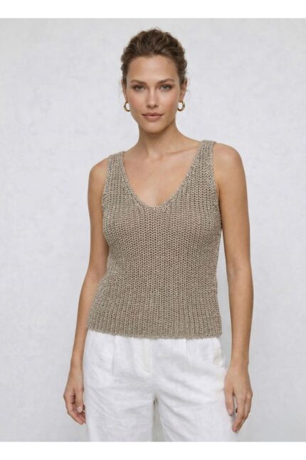 V Yaka Lase Fitilli Askılı Triko Bluz - S/M, Camel