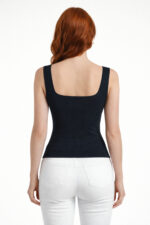 Lacivert Kare Yaka Kalın Askılı Crop Top Bluz - Görsel 2