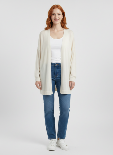 Kadın Oversize Triko Hırka - Uzun Kol, Ekru