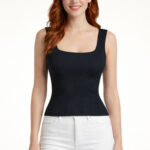Lacivert Kare Yaka Kalın Askılı Crop Top Bluz