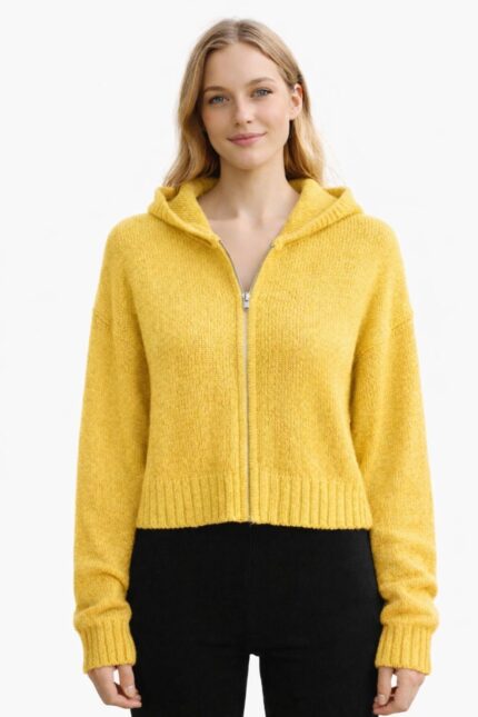 Kadın Kapüşonlu Fermuarlı Triko Hırka - L/XL, Sarı