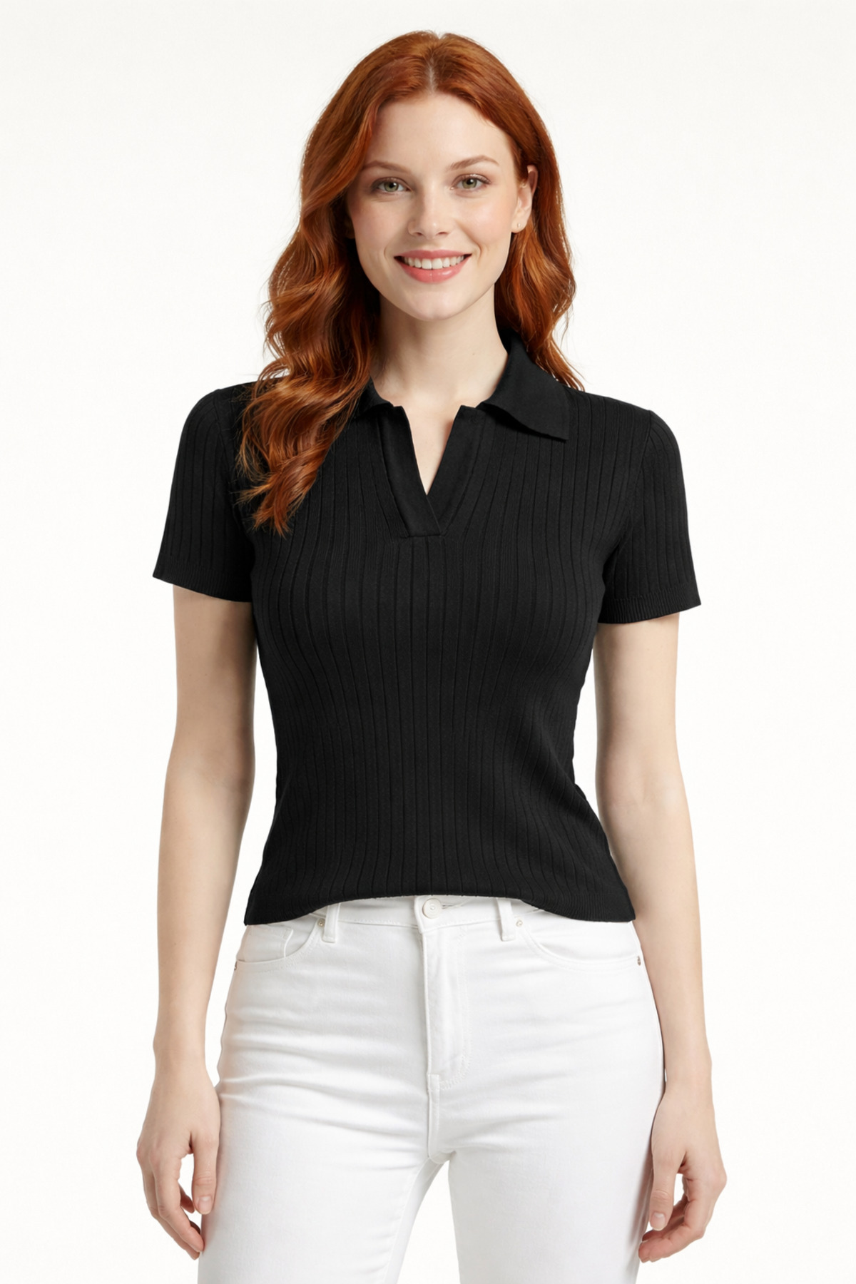 2228515a23eb45978737fa80313c7512-4.jpg Polo Yaka V Dekolte Detaylı Fitilli Triko Bluz - Görsel 1