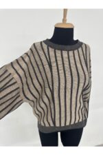 Bej Siyah Dikey Çizgili Bisiklet Yaka Oversize Triko Kazak - Görsel 3