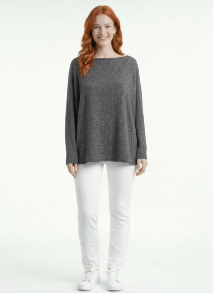 Kadın Oversize Triko Uzun Kollu Gri Bluz