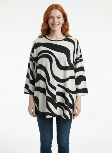 Oversize Siyah Beyaz Desenli Kadın Triko Bluz