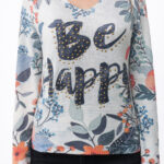 "Be Happy" Yazılı Çiçekli Bluz