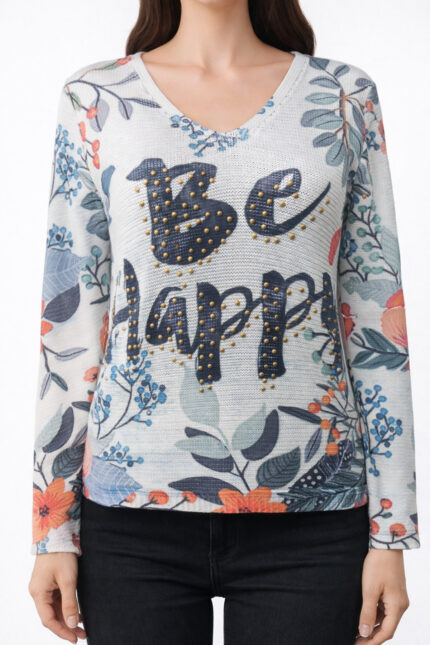 "Be Happy" Yazılı Çiçekli Bluz