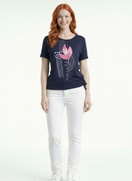Kadın Kısa Kollu Desenli T-Shirt - 38, Lacivert