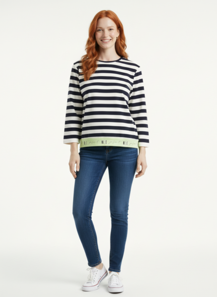 Çizgili Kadın Bisiklet Yaka Slim Fit Uzun Kollu Bluz