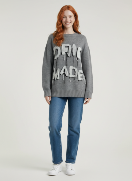Kadın Oversize Gri Triko Baskılı Kazak